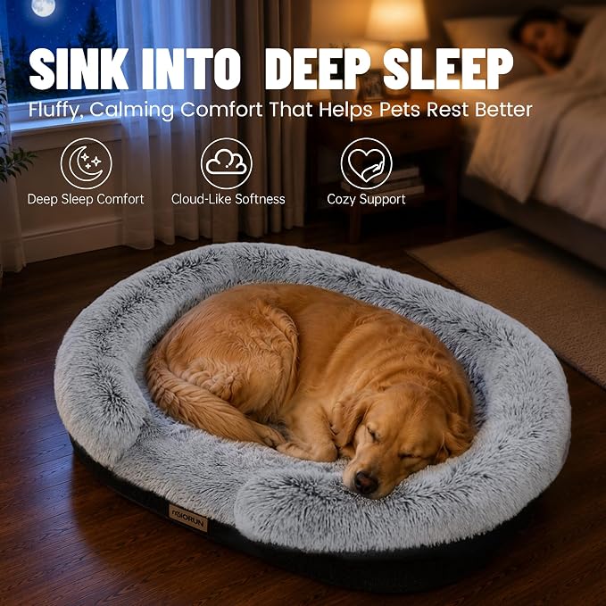 Miorun Fluffy Orthopedic Dog Beds Large Sized Dog, 43" Bolster Sofa Bed | Soft plush faux fur,lowered entry,washable cover,waterproof liner,claming dog couch for x-large dogs,supportive bolster - Image 5