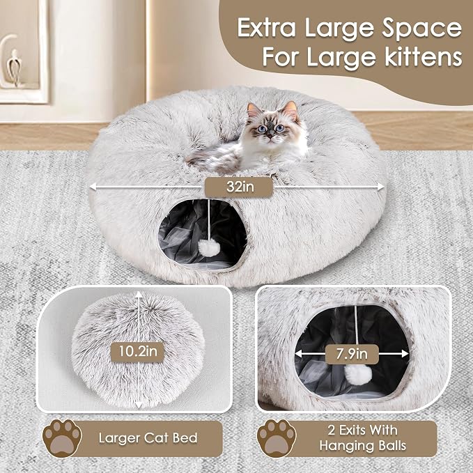 Peekaboo Cat Cave with Washable Mat, Collapsible Cat Play Tunnel for Kittens & Small Pets, Plush Cat Donut Bed Tunnel, Brown - Image 3