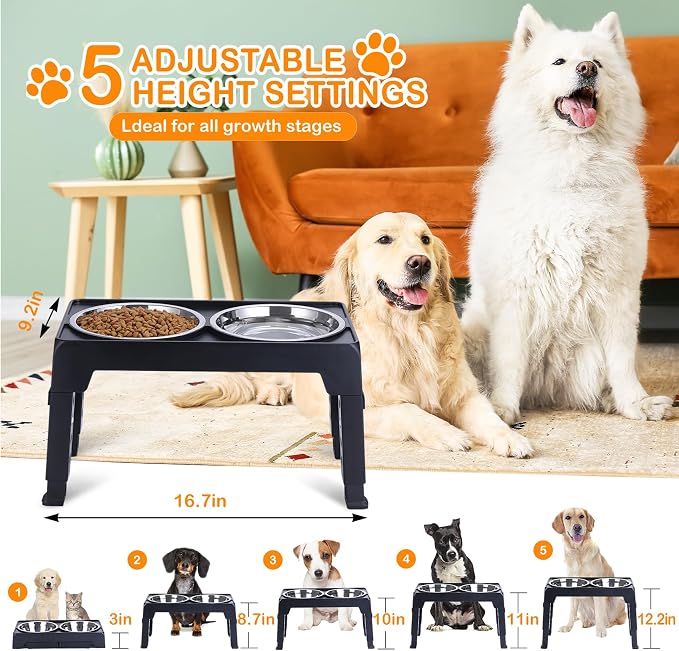 LALOBLUE Elevated Dog Bowls, Raised Bowl with 2 Stainless Steel Food Bowls, Dog Bowls Stand Adjusts to 5 Heights 2.95", 8.46", 9.65", 10.82", 12.01" for Small Medium Large Cats Pets,Black - Image 2