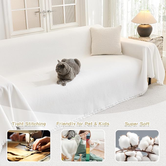 MYSKY HOME Couch Covers Couch Cover for Dogs Washable, Couch Covers for Sectional Sofa, Sofa Covers for 3 Cushion Couch Sofa Cover for Living Room Furniture Protector for Pets, Kids, 91"x134", White - Image 2