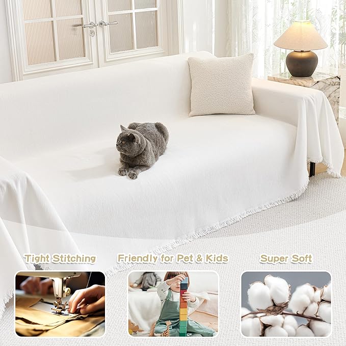 MYSKY HOME Oversized Couch Cover Sofa Covers Couch Covers for 3 Cushion Couch Sofa Pet Friendly L Shaped Couch Cover Sectional Couch Covers Non Slip Furniture Protector for Kids, Dogs, 91"x150", White - Image 2
