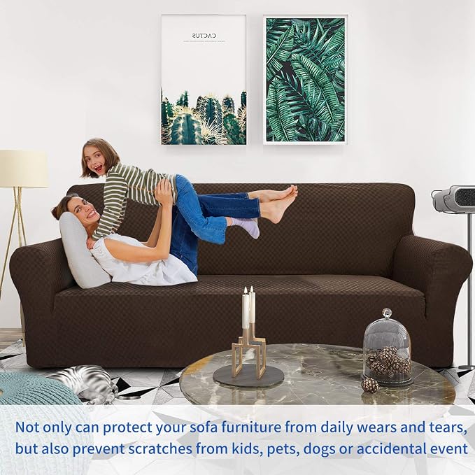 ZNSAYOTX 1 Piece Jacquard Couch Covers for 3 Cushion Couch Living Room High Stretch Sofa Cover Pets Dogs Friendly Anti Slip Thickened Slipcovers Furniture Protector (Sofa, Dark Coffee) - Image 2