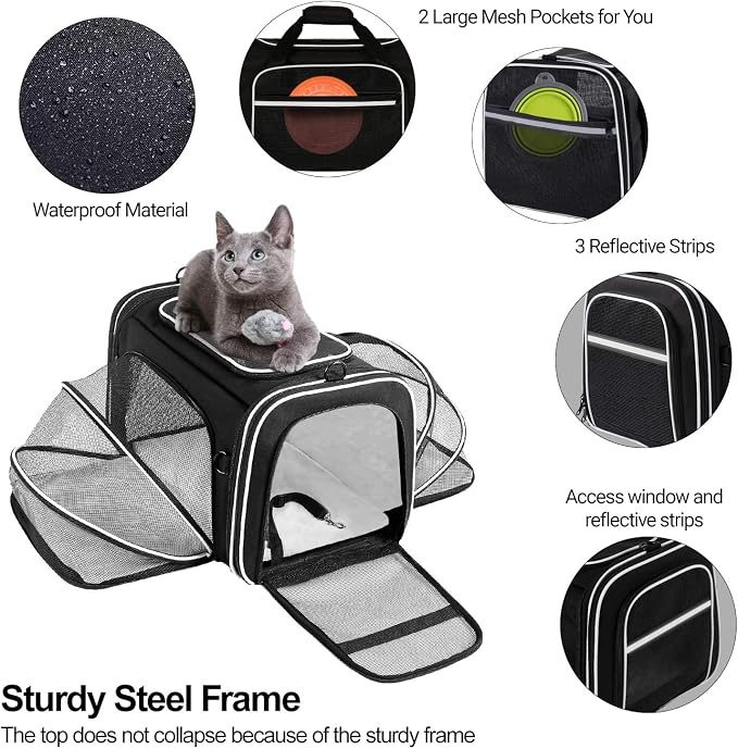 TSA Airline Approved Large Pet Travel Carrier,4 Sides Expandable with 2 Mesh Pockets,3 Entry, Soft Sided Collapsible Dog Carrier for 2 Cats,Kittens,Puppies,Dog, X-Large, Black & White - Image 5