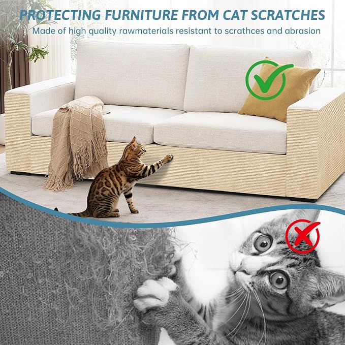 Heavy Duty Cat Scratch Mat for Couch (Khaki, 78.7" x 15.8") | Self-Adhesive Trimmable Cat Scratcher Carpet, Furniture Protector & Climbing Pad for Cats, Sofa, Door & Cat Tree - Image 3
