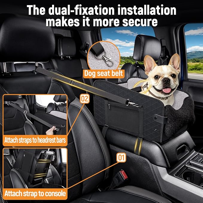 YJGF Center Console Dog Car Seat,Pet Car Seats for Small Dogs,Under 30 lbs | for Full Size Truck,Soft Padding and Pillow,Safety Belt, PU Leather,Portable Puppy Booster,More Space,Portable Puppy Carrier - Image 5