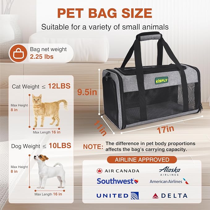 Foldable Cat Carrier 17"x11"x9.5", Soft-Sided Airline Travel Bag | Portable soft pet carrier with scratch-resistant mesh, easy top access and compact folding design for cats up to 12 lbs. - Image 5