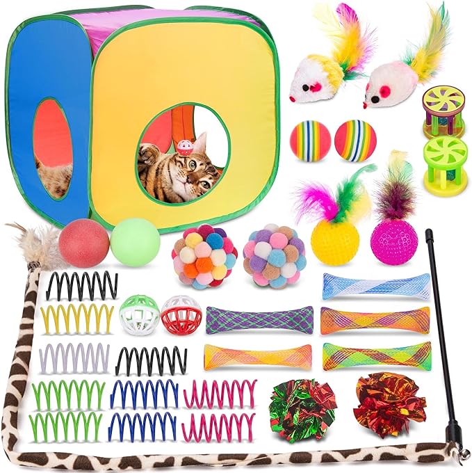 Retro Shaw Cat Toys for Indoor Cats Kitten, Cat Game Tunnel, 33 Pack | Interactive Kitten Toys Pack, Feather Wand Kit Balls Bell Springs Mice, Hide-and-Seek Self-Play for Bored Cats Chase by RetroShaw