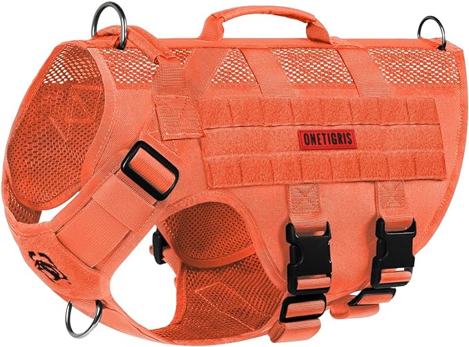 OneTigris No Pull Tactical Dog Harness for Large Dogs, Mesh Design Breathable Service Dog Vest with Handle, Military Dogs Vest Harness with Molle Panels for Walking Hiking Training (Orange, Large) by OneTigris