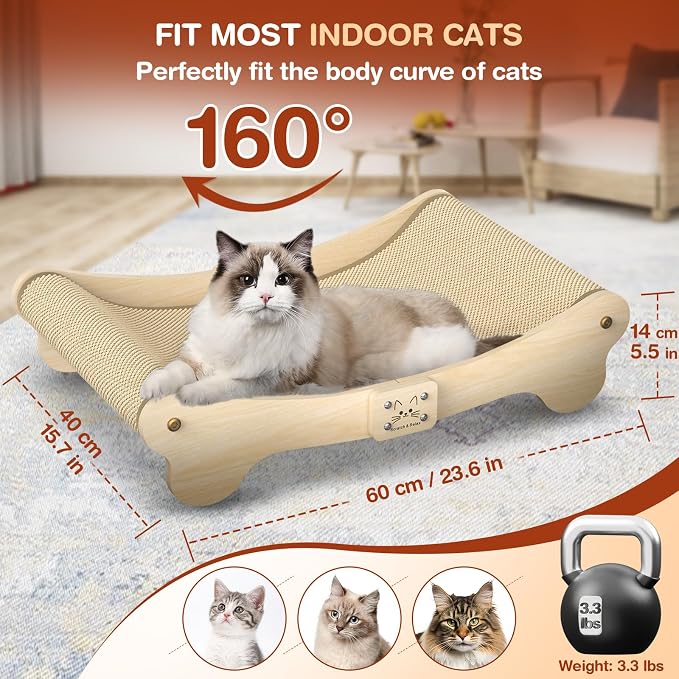 NOCOEX Sisal Cat Scratcher Bed: Wood Scratch Board Hammock for Indoor Cats | Natural Solid Wood Curved Frame Lounger Sleep Scratching Pad Post Large Cats 45 lbs, Easy Assembly Modern Furniture Protector - Image 3