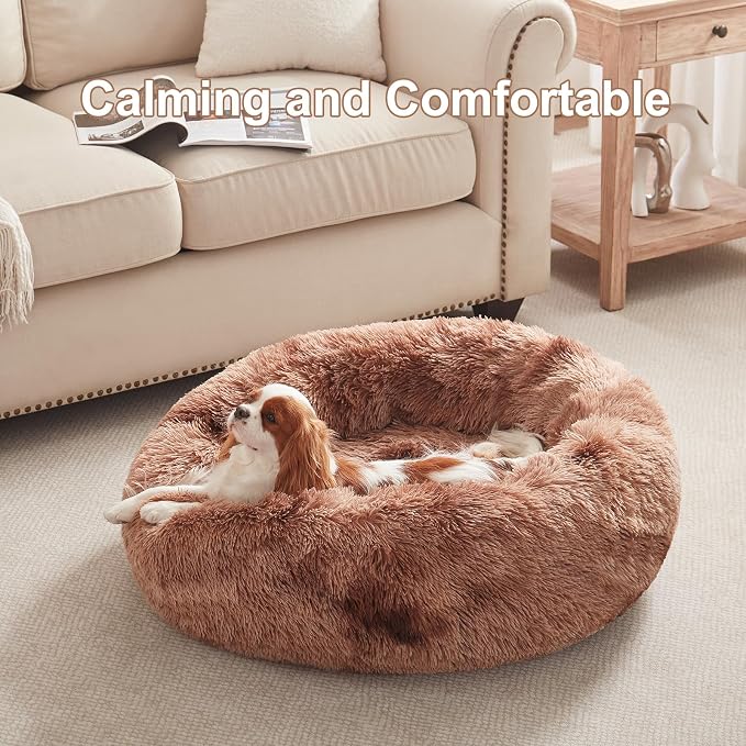 30 in Faux Fur Fluffy Donut Dog Bed for Medium Dogs,Tie-dye Brown | Calming Plush Round Pet Bed with Removable & Washable Cover,Fits up to 45 lbs Pets - Image 2