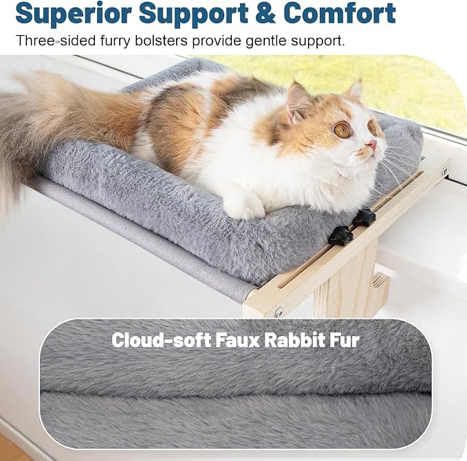 Cat Sill Window Perch - 100% Natural Pine Frame, Soft Plush Fleece, Tool-Free Adjustment, Supports 40 lbs (Medium-Grey) - Image 2