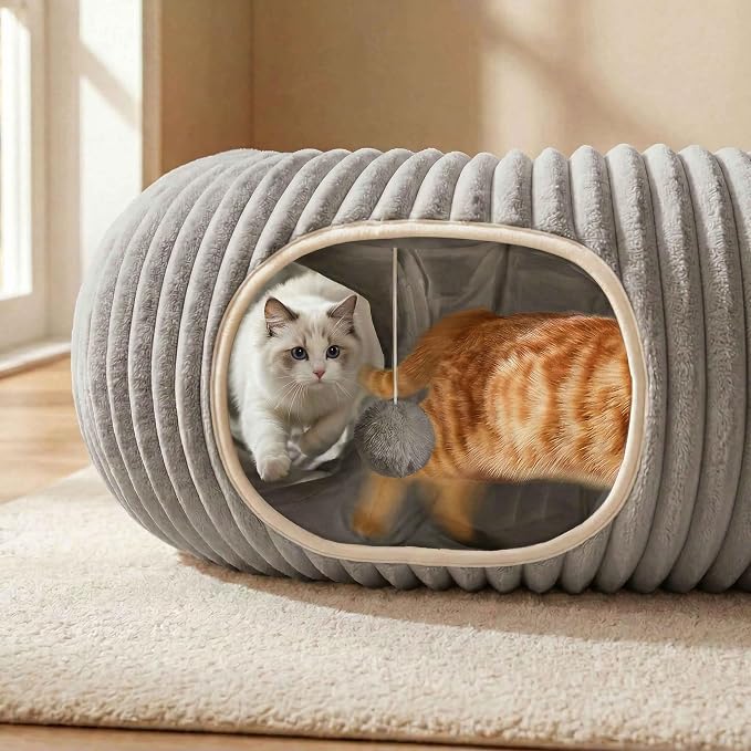 Cat Tunnel Bed for Indoor Cats, Peekaboo Cat Cave Bed,Soft Cat Donut Tunnel for Kitten Large Cats, Grey - Image 2
