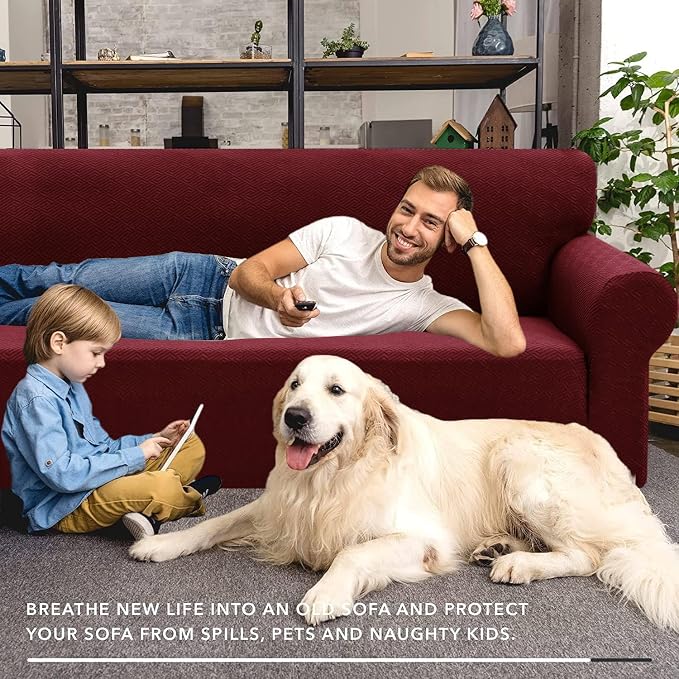 XINEAGE Stretch Jacquard Loveseat Cover, Non Slip Sofa Slipcover for Dog | High-Stretch Fabric. Wear-Resistant, Pet Friendly. Easy Install & Washable for Living Rooms, Offices.Wine Red - Image 4