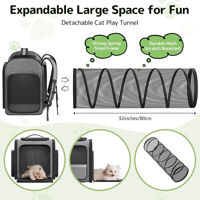 Pawtners Cat Backpack with Play Tunnel, Design for Carrying Playing Grey | Expandable, Foldable, Breathable, Large Space, Durable, Perfect for Cat Small Dog, Travel Hiking Camping Walking Car - Image 2