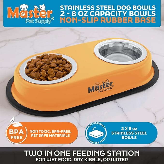 Master Pet Supply Double Dog Bowls Set with Elevated Base Mango Tango | 2 - (8 oz) Stainless Steel Removable Dishes Double Cat Food Water Bowl, Dog Puppy Food Bowl Set, Rust Resistant, Raised Dish - Image 2