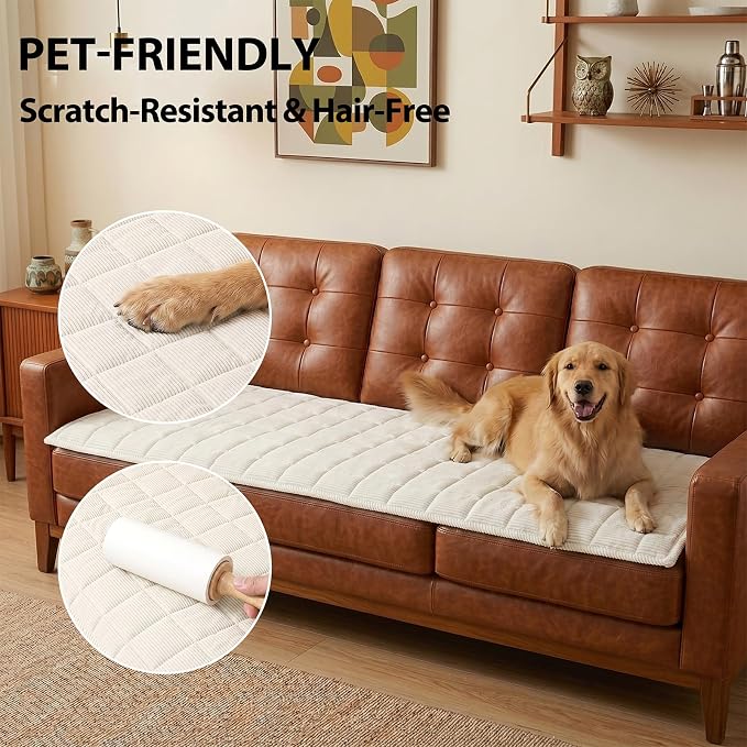 Fixwal Waterproof Corduroy Dog Couch Cover, 27.6" x 70.9", Off White | Integrated TPU Barrier, Non-Slip Backing, Machine Washable, Pet Friendly, Easy Clean Pet Hair, Soft Sofa Cushion Protector - Image 6