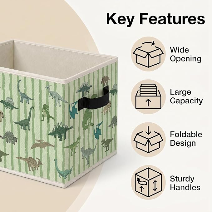 Dinosaur Kingdom Storage Bins Box with Handles, Dinosaur Lovers Collapsible Storage Basket, Green Striped Foldable Basket for Organizing Playroom Nursery Toys Books Clothes - Image 4