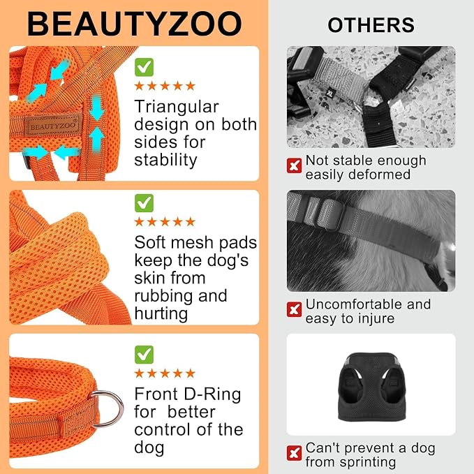 BEAUTYZOO Dog Harness Medium Sized and Leash Set, No Pull Step in Pet Vest | Breathable Mesh with Handle, Reflective, Adjustable No Choke Escape Proof, Lightweight, Easy Control for Walking, Orange M - Image 7