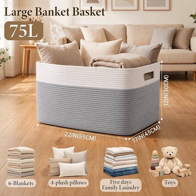 75L Large Cotton Rope Basket, Soft Toy Storage Bin for Nursery & Living Room, Decorative Blanket Basket for Bedroom, Baby-Safe Organizer for Pillows &Laundry, 22''×17''×12'', Grey and White - Image 2