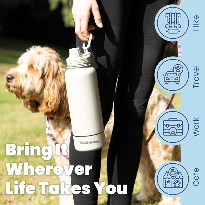 Rubyloo Dog Water Bottle with Detachable Bowl for Dog Lovers, Solid Cream | 32oz Insulated Stainless Steel Bottle, 8oz Detachable Bowl, Leak-Proof Lid, BPA-Free, Hiking, Walking, Travel, Gift - Image 3