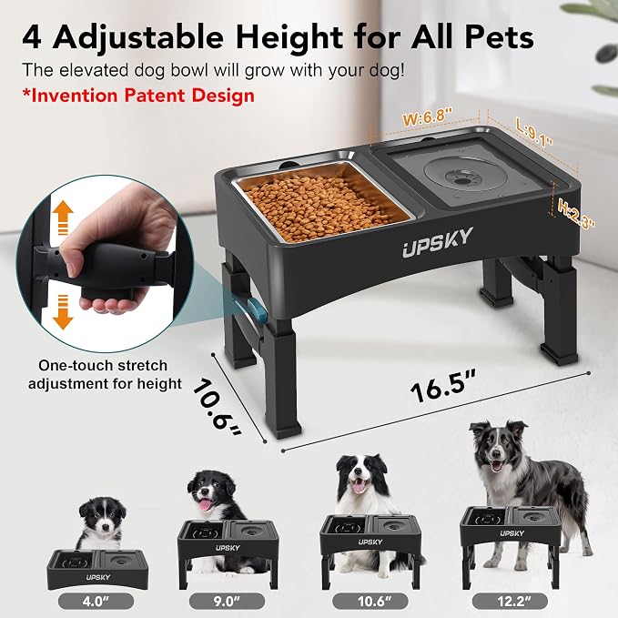 UPSKY 3-in-1 Elevated Dog Bowls Set with 4 Height Adjustable Stand, Balck | 304 Stainless Steel Bowl, No Spill Water Bowl, Slow Food Bowl, Anti-Slip, Dishwasher Safe, Suitable for Small Medium Dogs - Image 2