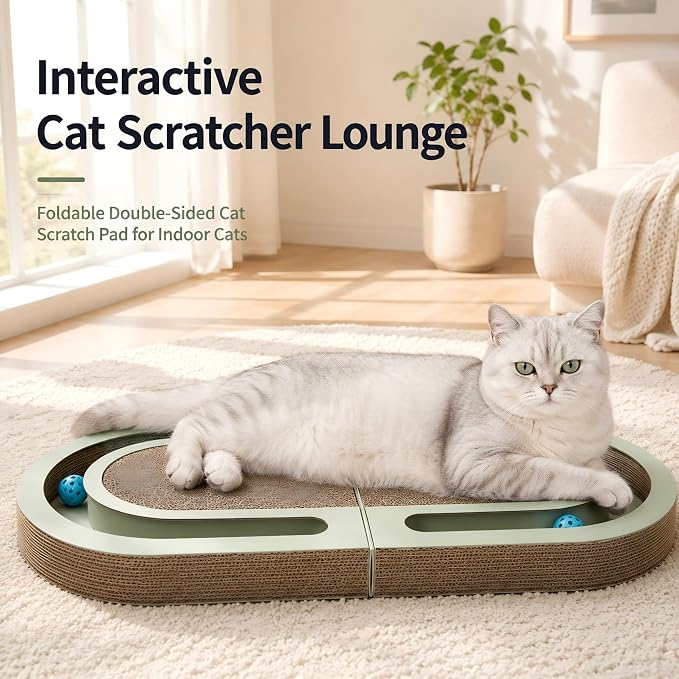 Interactive Cat Scratcher Lounge for Indoor Cats, 26" Large Foldable Cat Scratcher with Ball Track, Double-Sided Corrugated Cat Scratch Pad Bed for Scratching, Playing, Lounging & Relaxing - Image 2