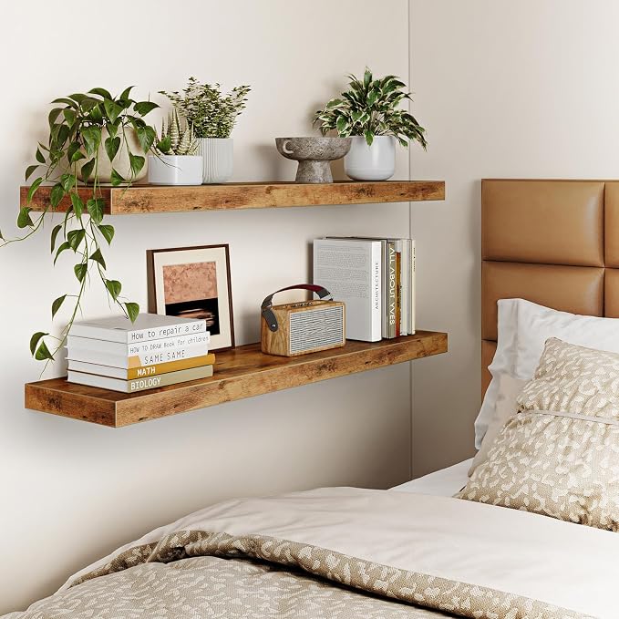 Fixwal Floating Wall Shelves for Decor (Rustic Brown, Set of 2, 35.4Inch) | MDF Shelf with Metal Brackets, Space Saving for Books , Decor, Fits Bathroom, Kitchen, Bedroom, or Office - Image 6