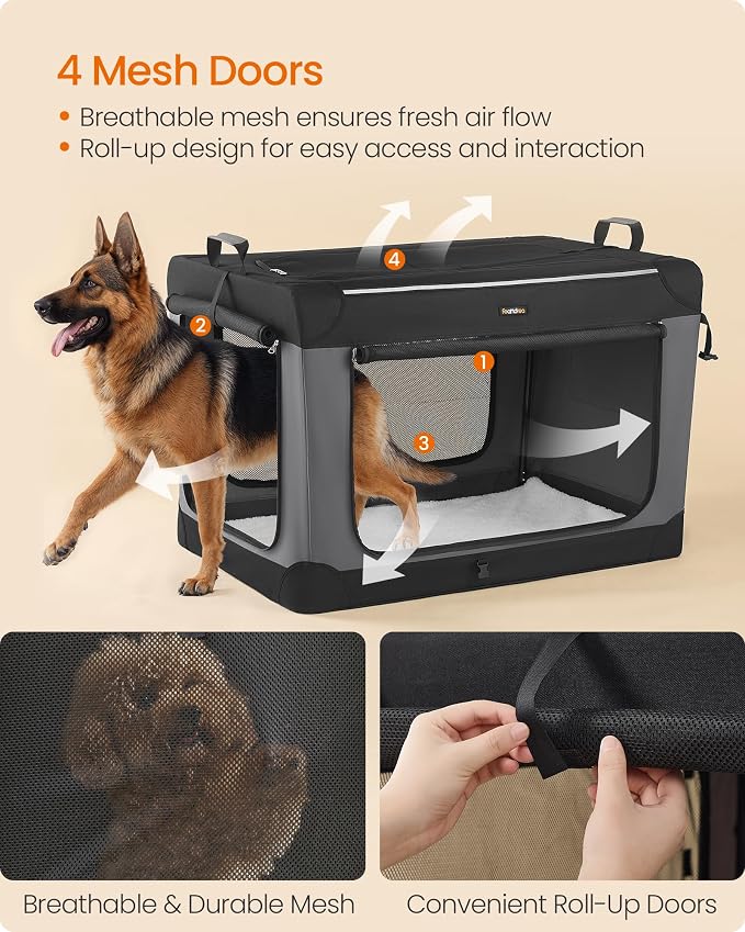 Feandrea Collapsible Dog Crate, Portable Travel Crate, 42-Inch | Oxford Fabric Pet Carrier with 4 Mesh Doors, Handles, Storage Pocket, Water Bottle Holder, UPDC021B01 - Image 4