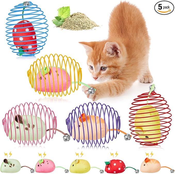 Jecery 5 Pcs Cat Toys Spring,Fruit Mouse,Multicolor | Interactive Metal Cat Toy, Stretchable Rolling Ball, for Indoor Cats, Colorful Playful Coils, Kitten Pet Supplies by Jecery