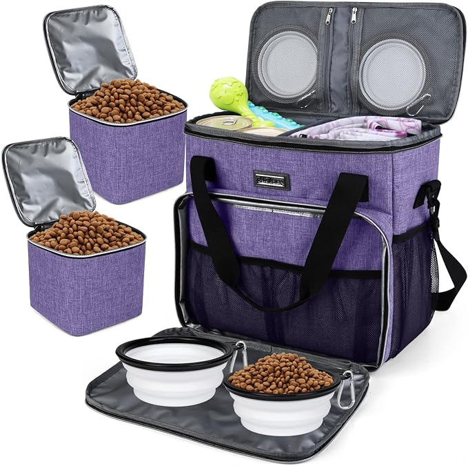 BAGLHER Dog Travel Bag, Pet Travel Bag (ALL Pet Travel Supplies), With 2 Pet Food Containers and 2 Collapsible Silicone Bowls; Essential Kits for Pet Travel Purple by BAGLHER