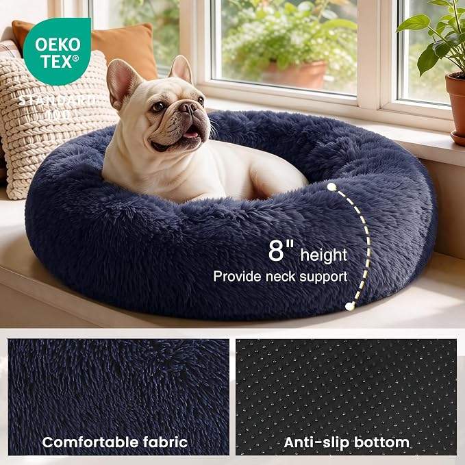 Love's cabin Calming Cat Bed for Indoor Cats, Anti-Anxiety Donut Round Dog Bed, Fluffy Faux Fur Washable Pet Bed for Small Medium Dogs and Cats, Navy, 24in - Image 3