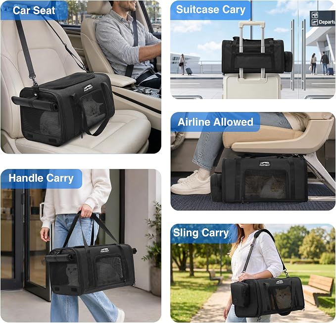 Pet Carrier for Small Dogs & Cats, Airline Approved, Lightweight, Foldable, Comfortable Travel Bag with Plush Cushion & Extra Storage (Black) - Image 9