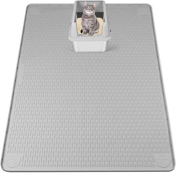 Silicone Cat Litter Mat for Litter Box 50”x35” Large Cat Mat, Light Grey | Waterproof, Non-Slip, Leak-Proof Rug Mat with Lip, Easy to Clean, Extra Large Litter Catcher Mat for Floor by Bartuke