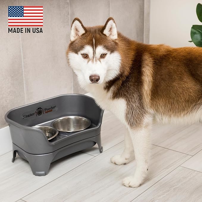 Neater Feeder Express Mess Proof Dog Bowls Elevated for Medium and Large Breed – Made in USA – No Spill Raised Slow Feeder Elevated Dog Bowl Stand, Slow Feed Food and Water Bowl Set, Grey - Image 2