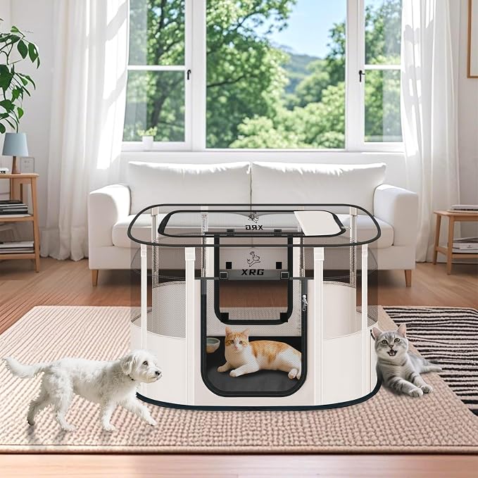 XRG Foldable Dog Playpen with pad，Indoor Cat Kennel L(35.4"x27.6"x23.6") | Portable Dog Crates with Upgrade Breathable Mesh，Sturdy Cat cage Indoor & Outdoor for Rabbit or Small Animals,Beige - Image 2