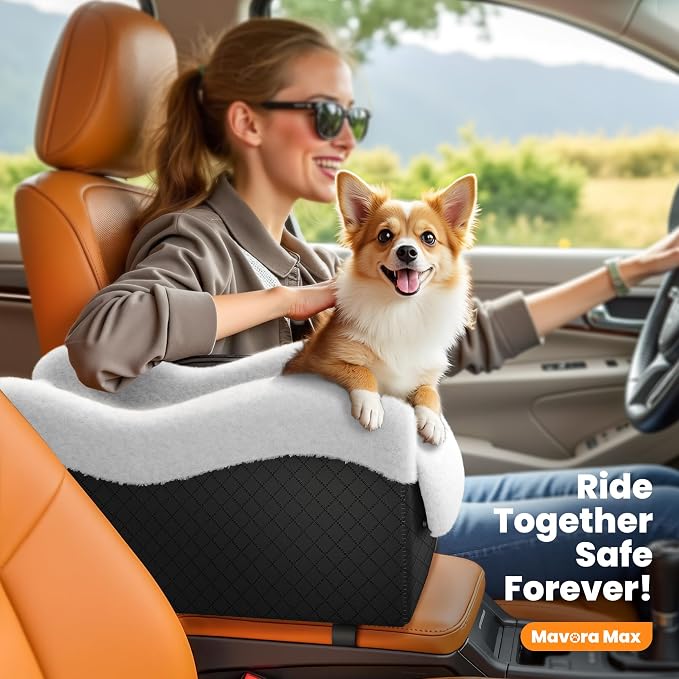 Center Console Dog Car Seat for Small Dogs Under 11lbs, White | Anti-Collapse, Safety Tether, Faux Rabbit Fur-Lined & PU Leather Cover, Washable Puppy Seat for SUV/Truck, Ideal for Travel - Image 8