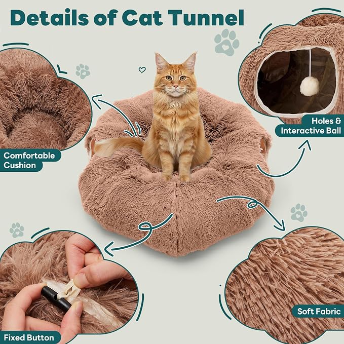 DUMOS Cat Tunnel Bed for Indoor Cats, Cave Donut Play Tunnel, Modern Brown | Soft Plush Peekaboo, Washable Circle Cushion, Multifunctional Playground Under Tree Toys for Kittens, Puppy, Rabbit, Ferret - Image 3