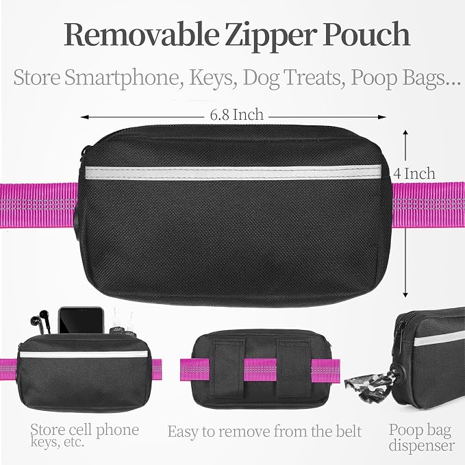 Hands Free Dog Leash with Zipper Pouch, Large, 25-120LB, Very Berry | Waist Leash, Dual Padded Handles, Shock-Absorbing Bungee, Adjustable Waist Belt, Walking and Running - Image 2