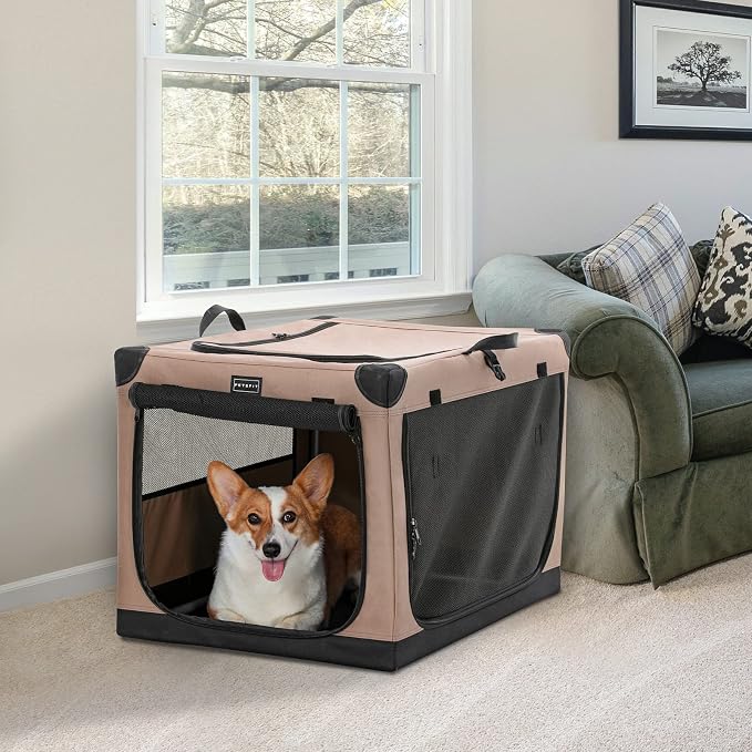 PETSFIT 30" Soft Portable Dog Crate – Patented Spiral Sturdy Frame, Collapsible Travel Kennel for Medium & Large Dogs, 3 Mesh Door, Lockable Zippers, Indoor & Car Use Khaki - Image 8