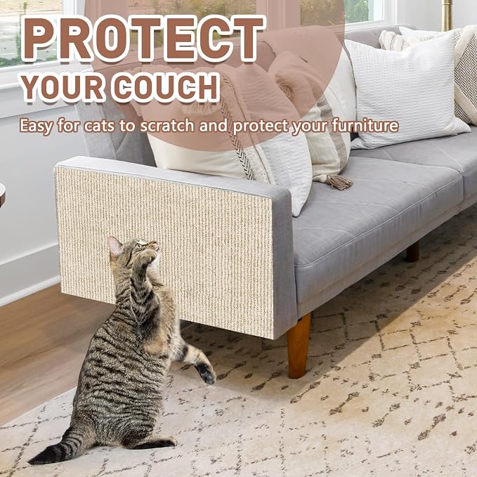 Cat Scratch Furniture Protector for Couch, Wall & Door Guard, Trimmable Self-Adhesive Scratch Pad, DIY Climbing Mat, Deterrent, Scratching Post Replacement (39.4''x15.8'', Khaki) - Image 3