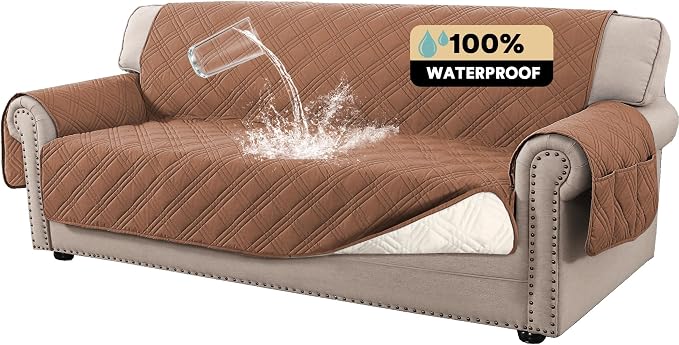 PrinceDeco 100% Waterproof Couch Cover for 3 Cushion Couch Sofa Pet Friendly Non-Slip Couch Cover for Dogs Washable Water Resistant Furniture Protector with Elastic Straps(XL Sofa 78", Terracotta) by PrinceDeco