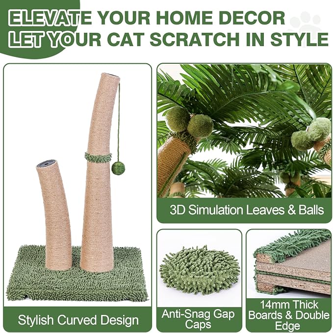 Palm Tree Cat Scratching Post, 36'' Cat Scratcher Post with Natural Sisal Rope, 5 Interactive Balls and 2 Curved Design Scratching Posts for Indoor Cats Adults and Kittens, Multi-Combinable (Style C) - Image 4