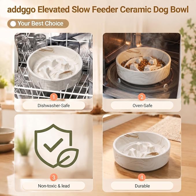 Elevated Ceramic Slow Feeder Dog Bowls Anti-Choking Slow Feeding for Small&Medium Size Anti-Slip Non-Lead & Toxic Durable Easy to Clean Maze Slow Feeder Bowl（8.26in Marble Brown Stars Pattern） - Image 5