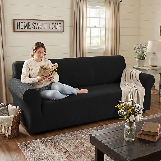 XINEAGE Stretch Jacquard Sofa Cover, Non Slip Sofa Slipcover for Dog | High-Stretch Fabric. Wear-Resistant, Pet Friendly. Easy Install & Washable for Living Rooms, Offices.Classic Black - Image 3