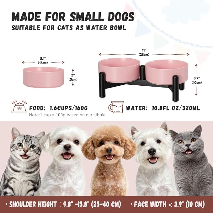 Raised Ceramic Dog Bowl Set with Stand, 1.6 Cups Elevated Dog Food Stand | 5.1'' Double Dog Food and Water Bowl Set, Non-Slip Dog Feeding Dishes for Small Breeds and Cats, 10.8 OZ, Pink - Image 2