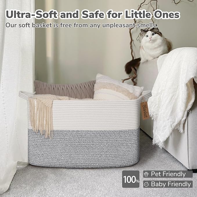 Goodpick 75L Extra Large Woven Rope Blanket Basket, Rectangle, Light Gray | 22" × 17" × 12" Decorative Storage Basket for Pillows & Clothes, Fits Bedroom & Nursery Organization, Reinforced Handles - Image 5