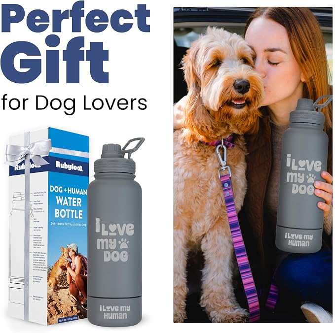 Rubyloo Dog Water Bottle with Detachable Bowl for Dog Lovers, I Love My Dog | 32oz Insulated Stainless Steel Bottle, 8oz Detachable Bowl, Leak-Proof Lid, BPA-Free, Hiking, Walking, Travel, Gift - Image 5