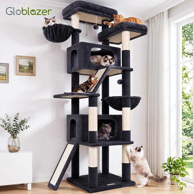 Globlazer 79in Heavy Duty Cat Tree for Large Cats, S79, Beige | Tall Cat Tower with 6 Scratching Posts, Cat tree for Indoor Cats Large Adult with 2 Perches, 2 Baskets, 2 Spacious Caves - Image 9