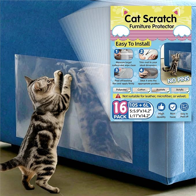 16 Pack No Pins Self Adhesive Anti Cat Scratch Furniture Protector | Anti Scratch Pad for Couch, Chair, Loveseat and Sofa, Thickened Claw Guard, to Resist Sharp Claws and Constant Scratching by Unknown