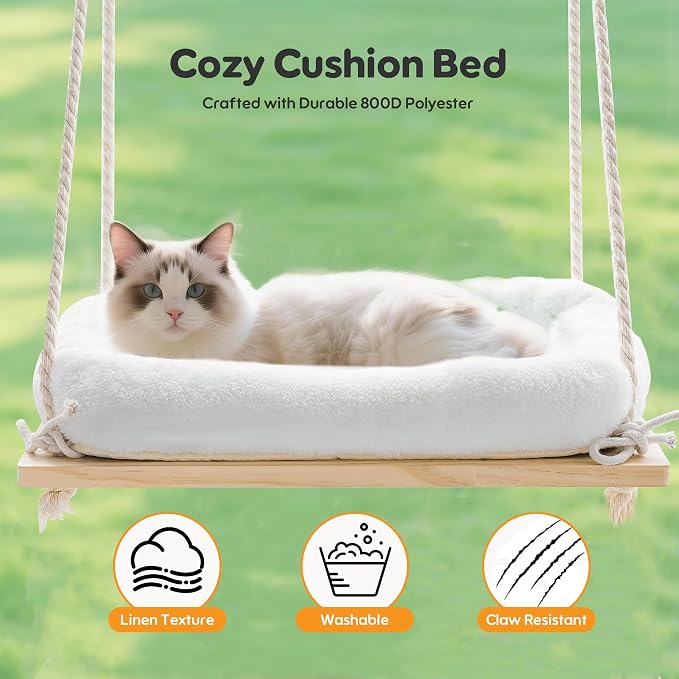 Cat Window Perch Hammock with Solid Wood Seat & Plush Cushion | 4 heavy-duty suction cups, comfortable indoor cat bed & perch, sturdy wooden window seat, space-saving cat hammock - Image 6